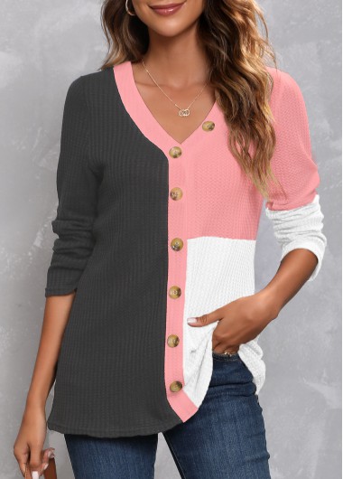 Dark Grey V Neck Decorative Button T Shirt