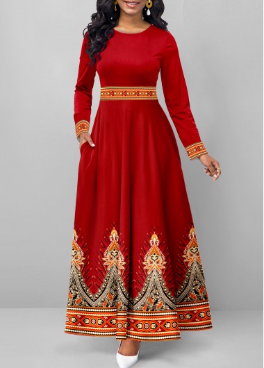 ROTITA Pocket Tribal Print Deep Red Maxi Dress