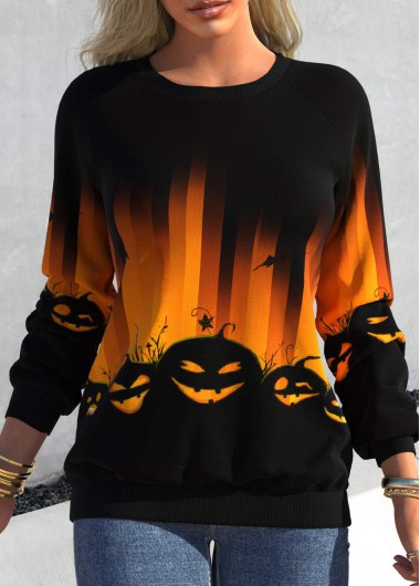 Halloween Print Black Round Neck Raglan Sleeve Sweatshirt