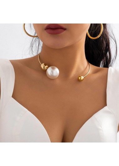 Metal Gold Asymmetrical Pearl Design Necklace
