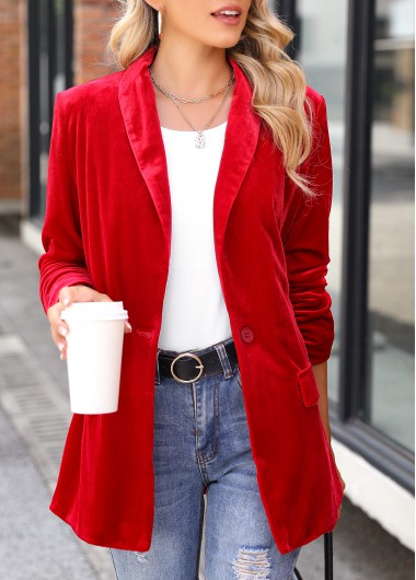 Red Long Sleeve Velvet One Button Blazer