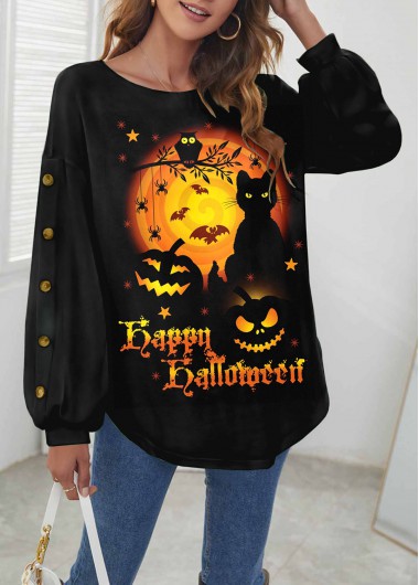Halloween Print Orange Round Neck Drop Sleeve Sweatshirt