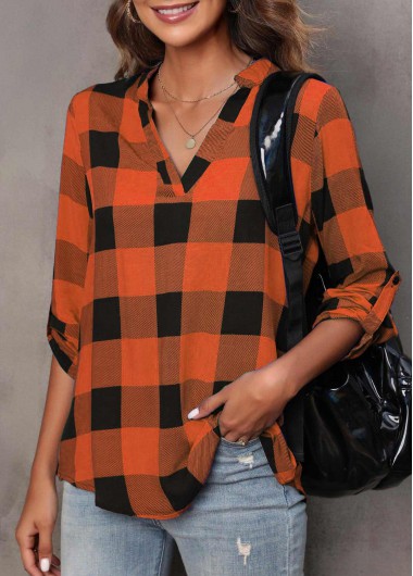 Tartan Print Long Sleeve Orange Split Neck Blouse