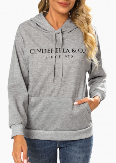 Letter Print Pocket Light Grey Marl Hoodie