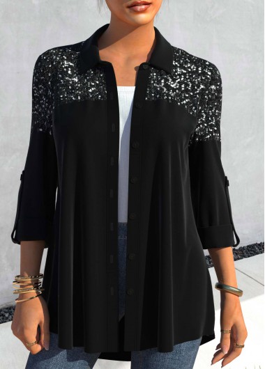Sequin Black Shirt Collar Roll Up Sleeve Blouse