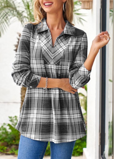 Tartan Print Grey Shirt Collar Regular Sleeve Blouse