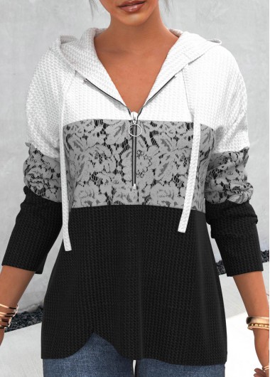 Lace Patchwork Black Zipper Closure Hoodie