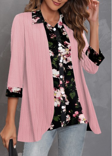 ROTITA Fake 2in1 Floral Print Pink Shirt Collar Blouse
