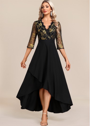 ROTITA Black Floral Lace Patchwork High Low Dress