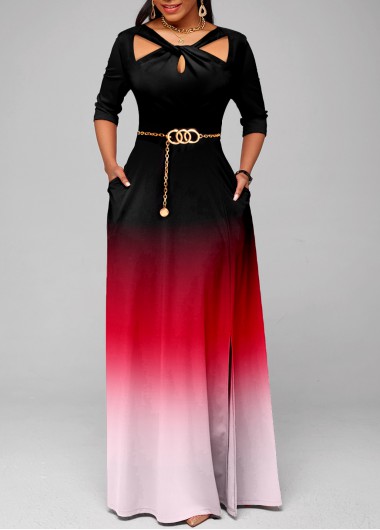 Red Ombre Twist Double Side Pockets Dress