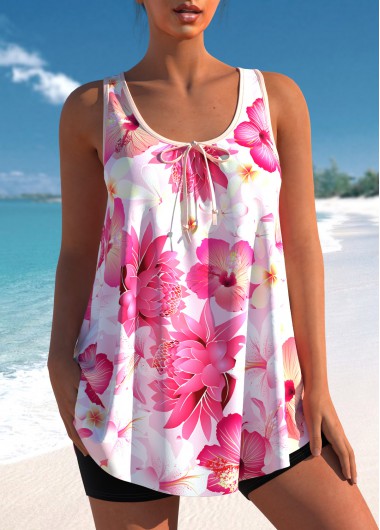 Floral Print Pink Wide Strap Tankini Top