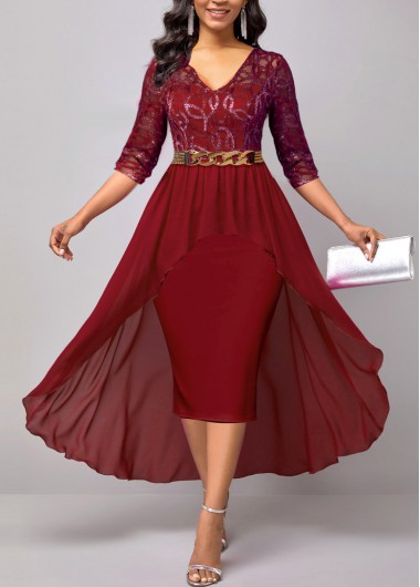 Lace Patchwork Wine Red 3/4 Sleeve Dress