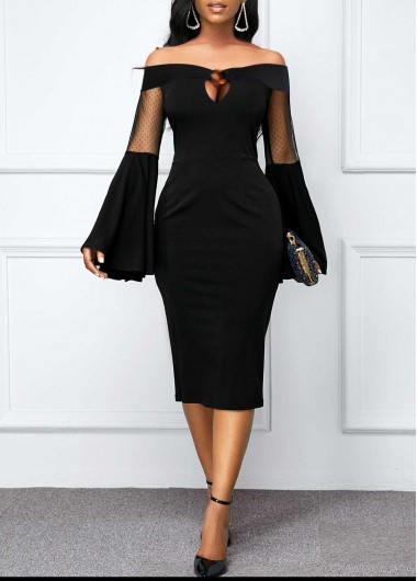 ROTITA Flare Sleeve Black Mesh Off Shoulder Dress