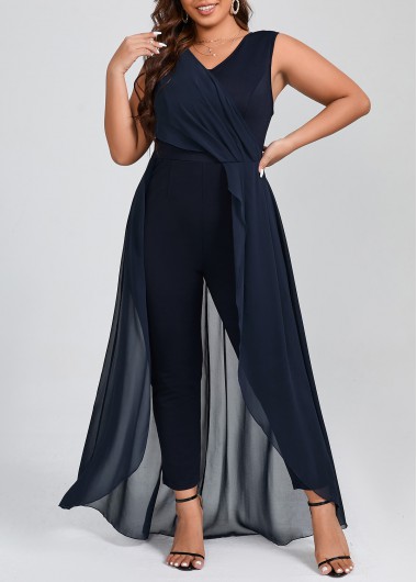 Navy Plus Size Patchwork Sleeveless V Neck Jumpsuit