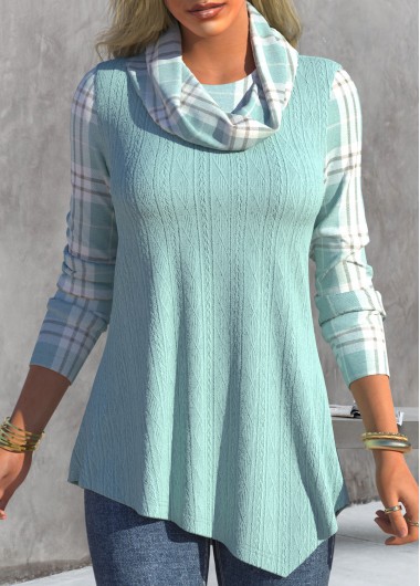 Tartan Print Asymmetric Hem Cyan Cowl Neck Sweatshirt
