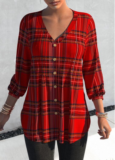 Tartan Print Tuck Stitch Red V Neck Blouse
