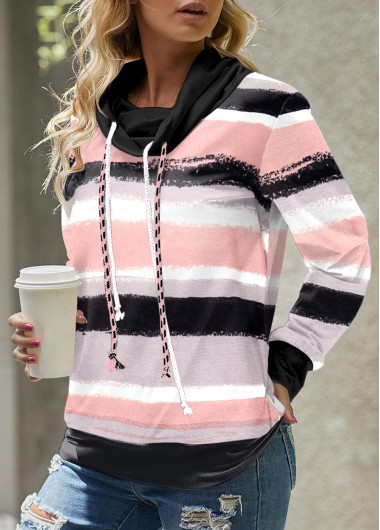 Striped Pink Cowl Neck Regular Sleeve Sweatshirt