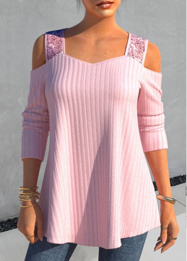 Light Pink Heart Collar Sequin T Shirt