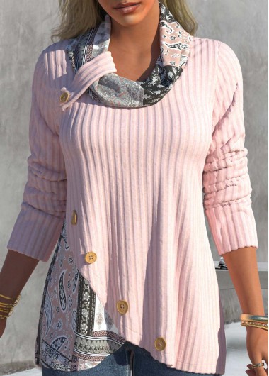 Paisley Print Asymmetric Hem Light Pink Sweatshirt