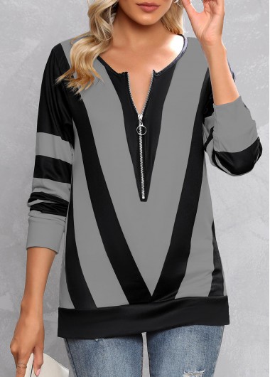 ROTITA Zipper Contrast Color Grey Split Neck T Shirt