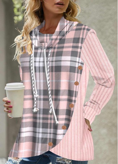 Pink Button Tartan Print Drawstring Sweatshirt