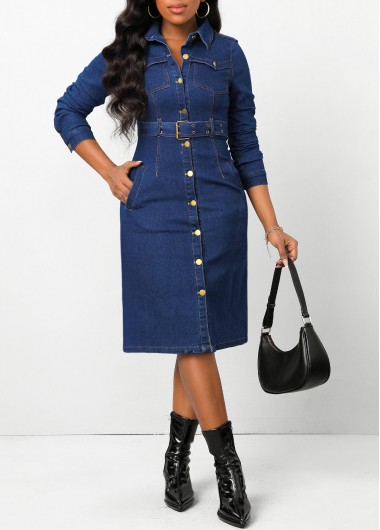 Pocket Belted Dark Blue Shirt Collar Bodycon Dress