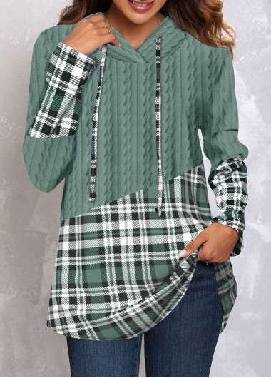 Sage Green Plus Size Tartan Print Hoodie