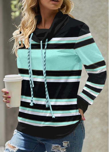 Striped Cyan Cowl Neck Regular Sleeve Sweatshirt