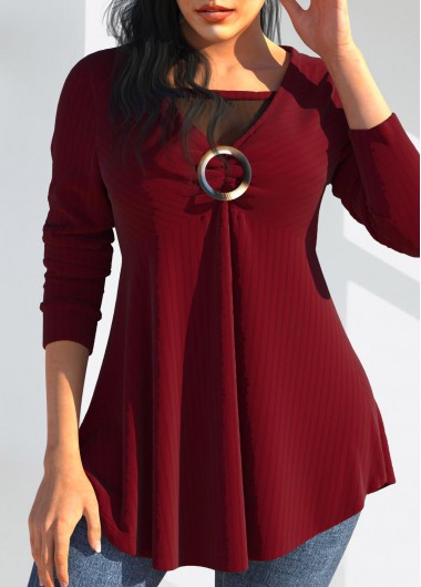 ROTITA Mesh Stitching Wine Red Long Sleeve T Shirt