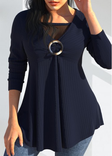 Navy Mesh Stitching V Neck Long Sleeve T Shirt