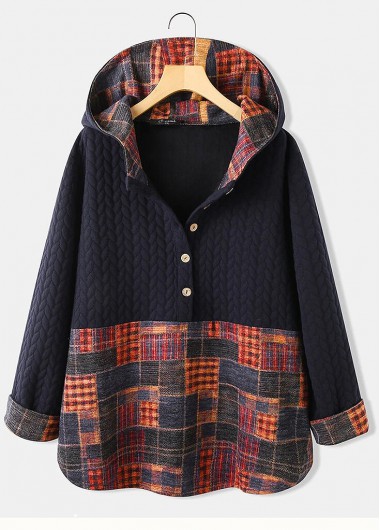 Navy Button Plaid Long Sleeve Hoodie