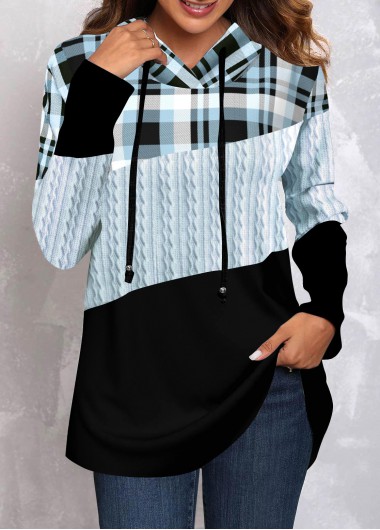 Plus Size Tartan Print Twisted Light Blue Hoodie