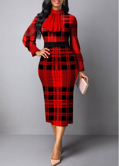 Tartan Print Frill Red Midi Bodycon Dress