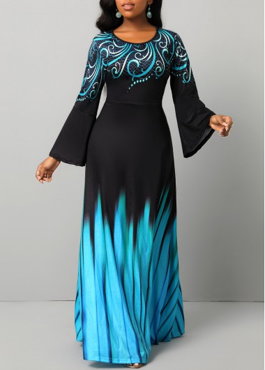 Tribal Print Breathable Blue Round Neck Maxi Dress