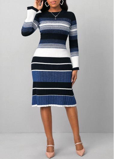 Striped Dark Blue Round Neck Long Sleeve Dress