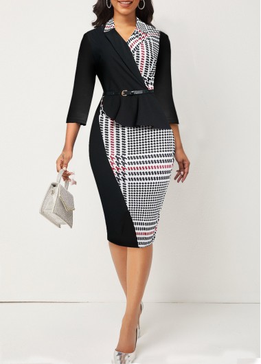 Tartan Print Midi Lapel Black Bodycon Dress