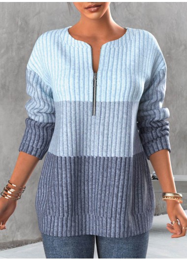 Plus Size Contrast Zipper Light Blue Round Neck Sweatshirt