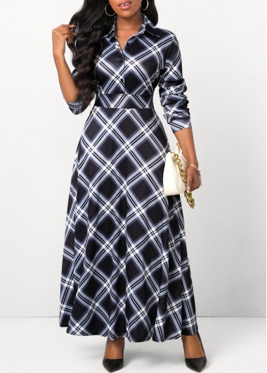 Plaid Button Black Shirt Collar Maxi Dress