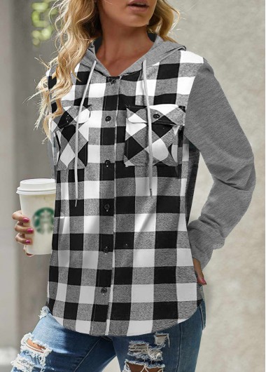 Plaid Pocket White Long Sleeve Hoodie
