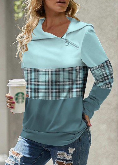 Light Blue Tartan Print Zipper Long Sleeve Sweatshirt