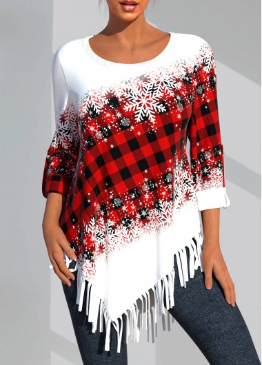 Snowflake Print Tassel Red Round Neck T Shirt