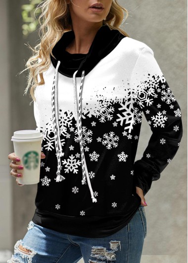 Snowflake Print Black Cowl Neck Regular Sleeve Sweatshirt