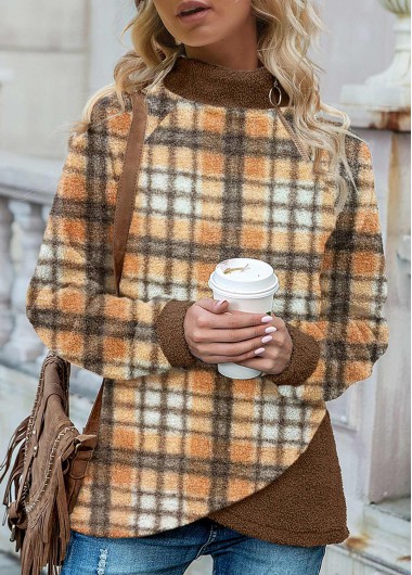 Tartan Print Cross Hem Coffee Camel Sweatshirt