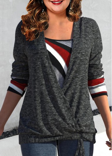 Plus Size Geometric Print Drawstring Dark Grey T Shirt