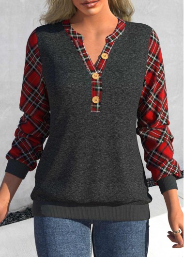 Tartan Print Button Dark Grey Marl Sweatshirt