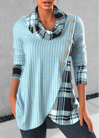 Tartan Print Cross Hem Light Blue Sweatshirt