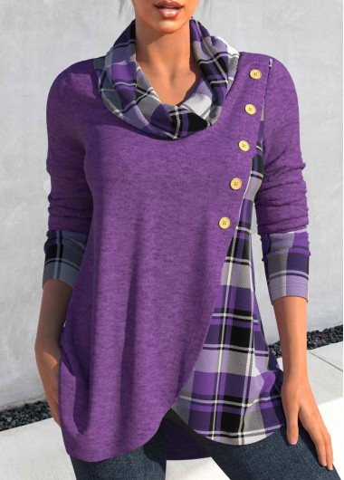 Tartan Print Cross Hem Dusty Purple Sweatshirt