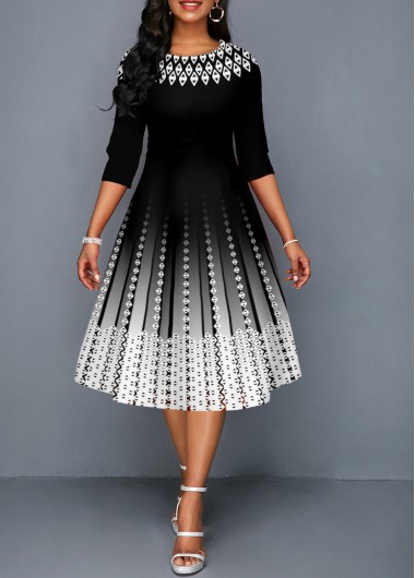 ROTITA Round Neck Black Ombre 3/4 Sleeve Dress