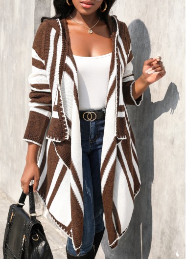 Geometric Print Patchwork Dark Coffee Hooded Cardigan