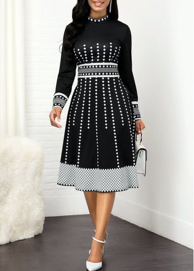 ROTITA Geometric Print Long Sleeve Mock Neck Dress